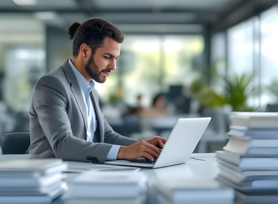 Professionista in ufficio moderno che mostra una simulazione pensionistica su laptop e dossier ordinati