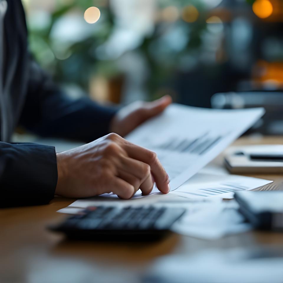 Consulente previdenziale che esamina documenti su una scrivania ordinata con grafici e calcolatrice in un ufficio professionale di Roma