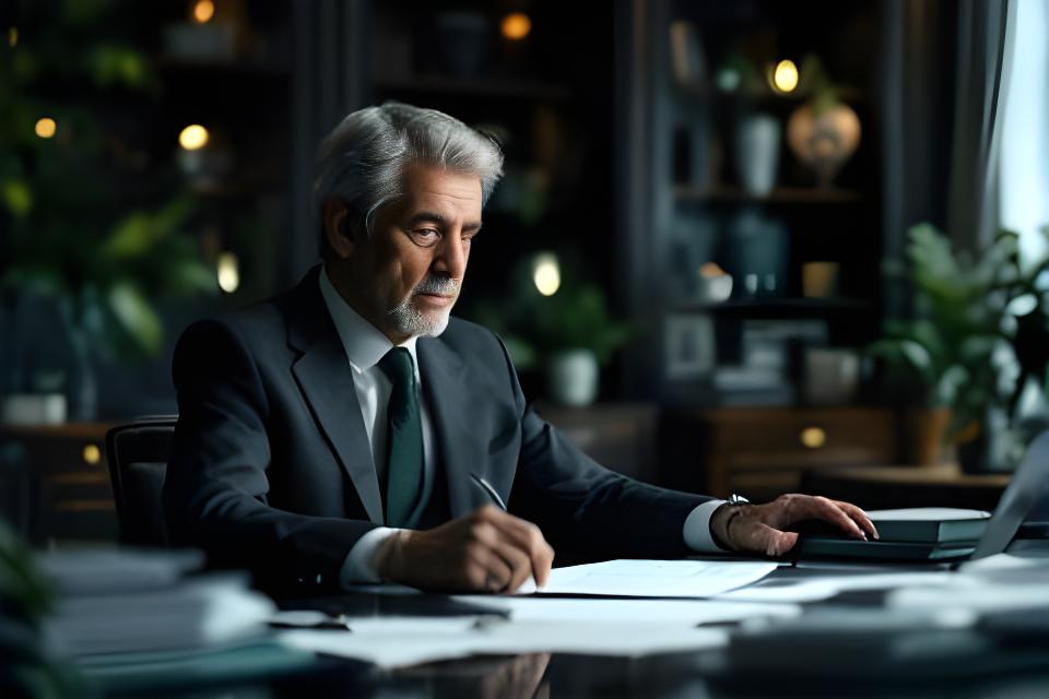 Consulente previdenziale in un ufficio elegante di Roma con documenti ordinati e luce naturale