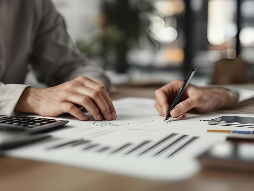 Consulente previdenziale al tavolo con documenti ordinati e calcolatrice in uno studio professionale a Roma